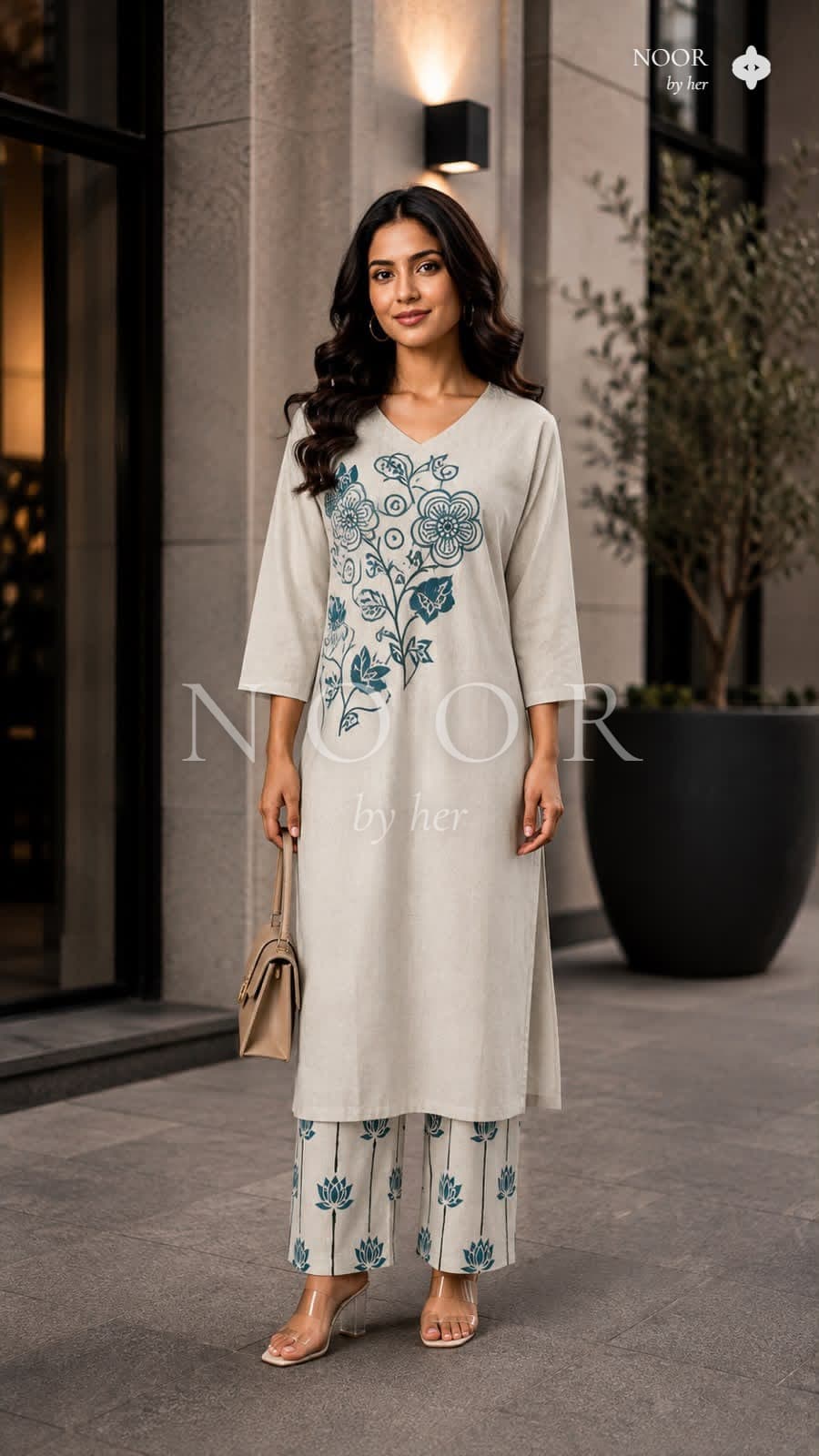 Ivory Teal Bloom Kurta Palazzo Set